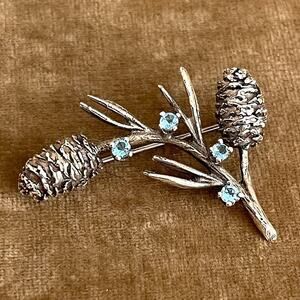 Vintage MFA Museum of Fine Arts Sterling Silver Pine Cone Bough Blue Pin Brooch